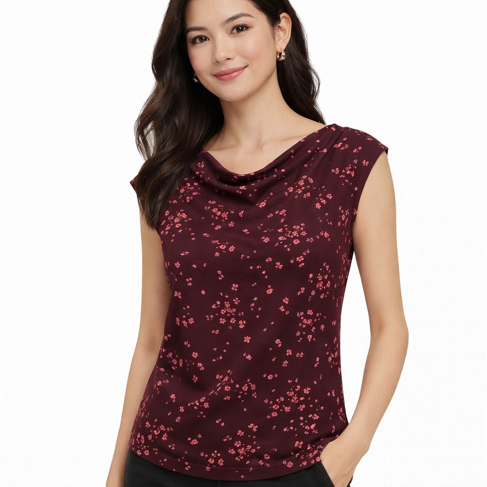 Ann Taylor Burgundy Cowl Neck Short Sleeve Tee with Pink Floral Print